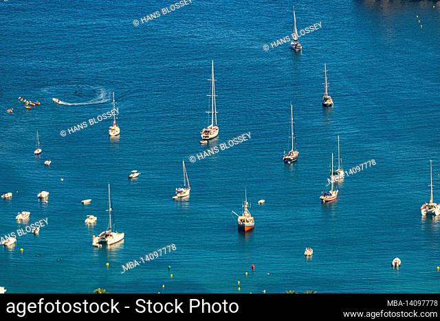 aerial view, sailing boats and motor boats in the bay of sóller, mallorca, balearic islands, spain