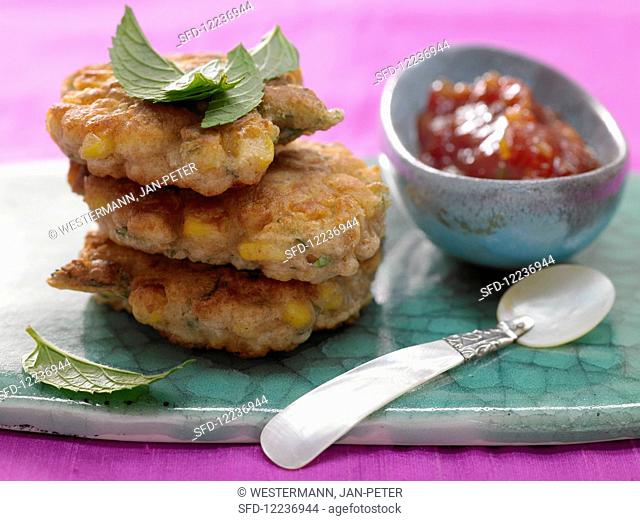 Jamaican corn cakes with ginger and tomato chutney