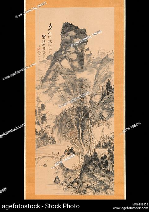 On a Rustic Bridge, Carrying a Zither (Yakyo hokin zu). Artist: Uragami Gyokudo (Japanese, 1745-1820); Period: Edo period (1615-1868); Date: 1814; Culture:...