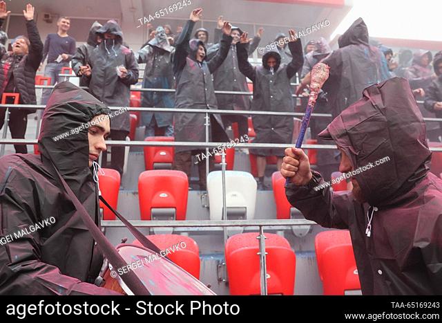 RUSSIA, REPUBLIC OF CRIMEA - NOVEMBER 25, 2023: Fans play drums during the 2023 Russian Second League Division B Group 1A Round 6 football match between FC...