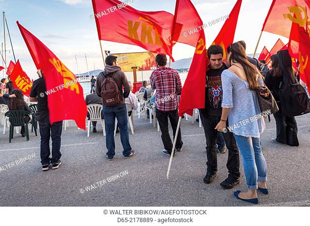 Greece, Thessaly Region, Pelion Peninsula, Volos, waterfront rally by the Greek Communist Party