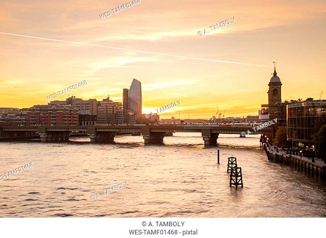 UK, London, View from the London Bridge with Blackfriars Railway Bridge and the South Bank on the left side