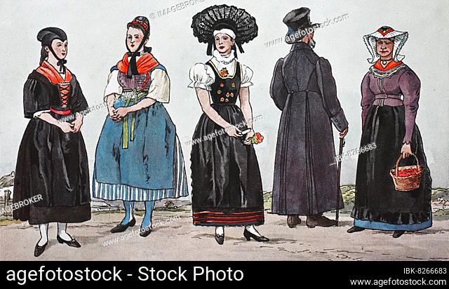 Mode, Kleidung in Deutschland, Trachten aus Schlesien, etwa 19. Jahrhundert, von links, Tracht aus Wohlau, dann eine aus Legnica