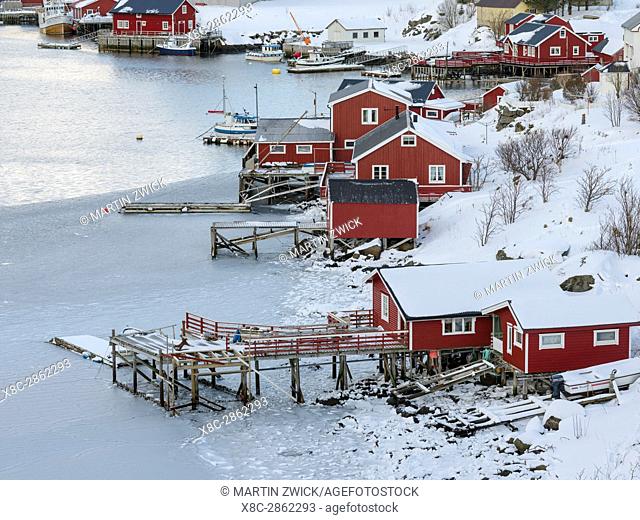 Village Reine on the island Moskenesoya. The Lofoten Islands in northern Norway during winter. Europe, Scandinavia, Norway, February