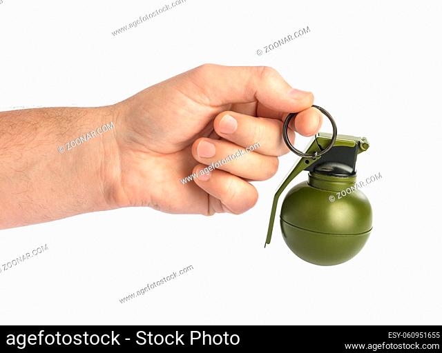 Hand with grenade isolated on white background