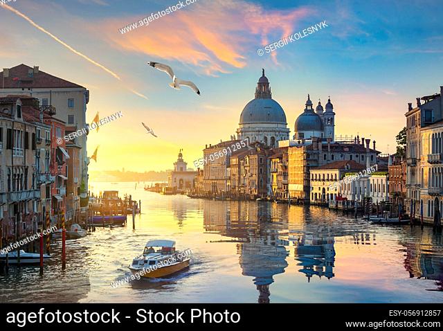 Beautiful calm sunset over Grand Canal in Venice, Italy