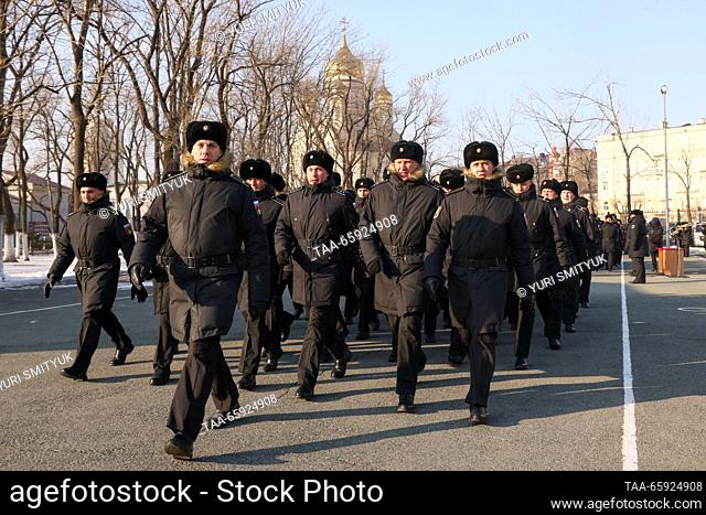 RUSSIA, VLADIVOSTOK - DECEMBER 20, 2023: Russian servicemen march during a ceremony to welcome the Russian destroyers Admiral Panteleyev and Admiral Tributs