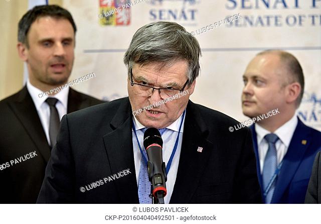 From left: South Bohemian governor Jiri Zimola, Vysocina Region governor Jiri Behounek and South Moravian governor Michal Hasek attend a conference on the...