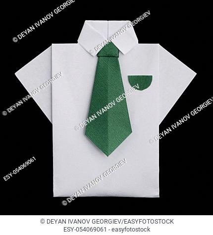 Isolated paper made white shirt with green tie. Folded origami style