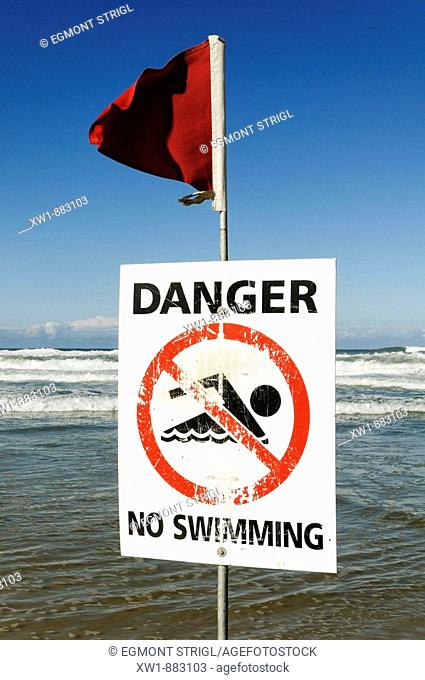 danger, no swimming sign, Beach at Surfers Paradise, Gold Coast, Queensland, Australia