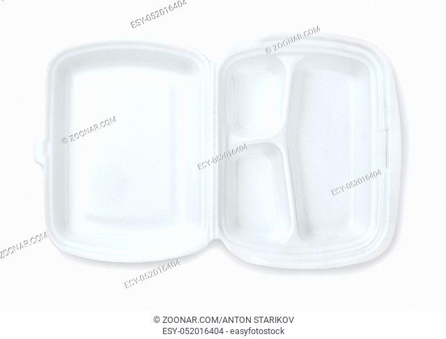 Open foam hinged three compartment meal container isolated on white