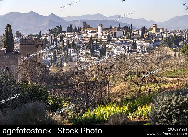 View from the palace and fortress complex Alhambra to the Albayzín neighborhood in Granada, Andalusia, Spain