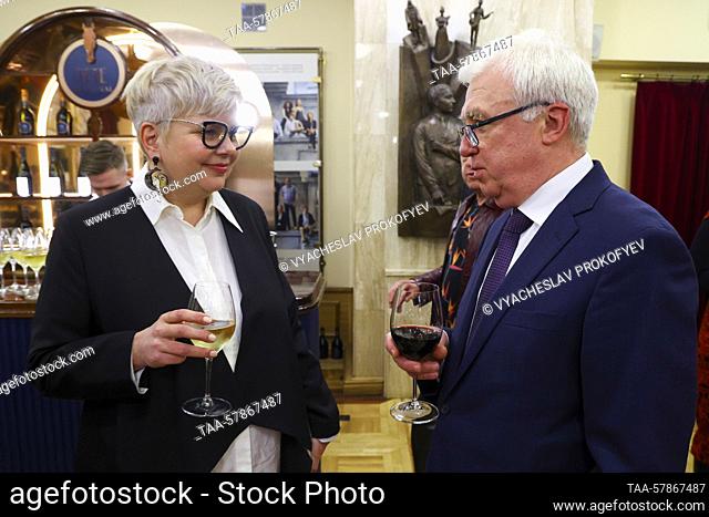 RUSSIA, MOSCOW - MARCH 14, 2023: Milena Orlova (L), editor-in-chief of The Art Newspaper Russia, and Alexei Levykin, director of the State Historical Museum of...
