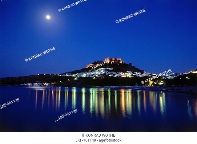 View towards Lindos at night, Rhodes Island, Dodecanese, Greece