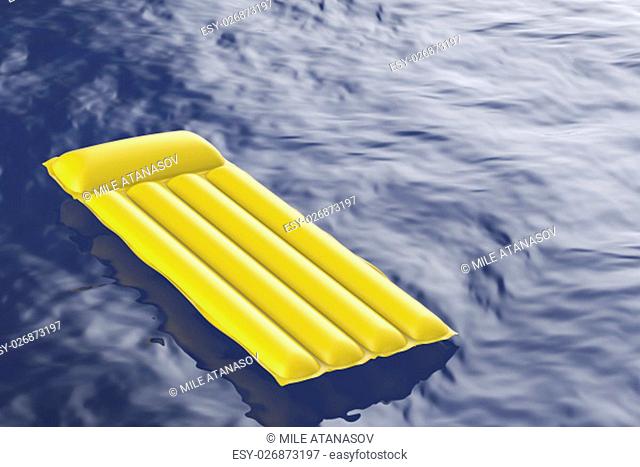 Yellow inflatable pool mattress floating on wavy water