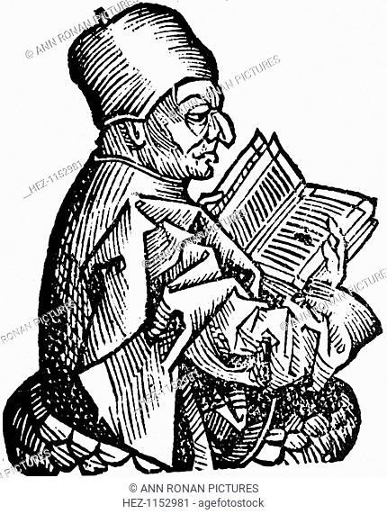 The Venerable Bede (c673-735), Anglo-Saxon theologian, scholar and historian, 1493. Seen here holding a book, Bede was a monk at Jarrow, Northumberland