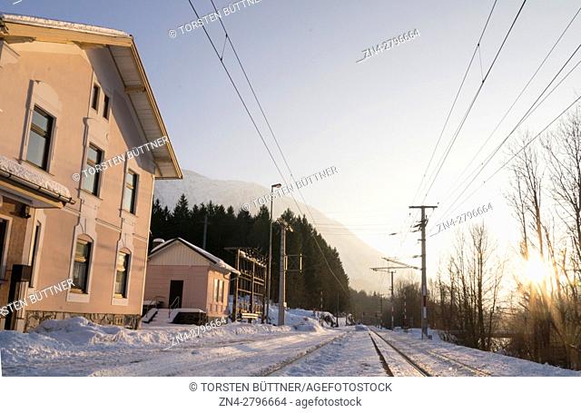 Sunset at the Langwies station in the Salzkammergut Cultural Heritage Region in Winter, Austria