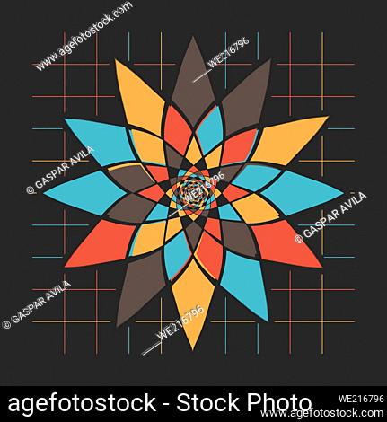Geometric flower and fine grid on a dark grey background. Digital art