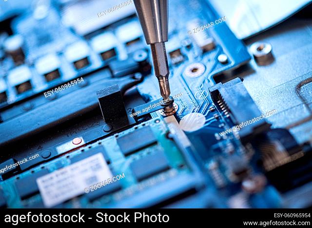 Computer chip on a circuit board, close up; Computer technology
