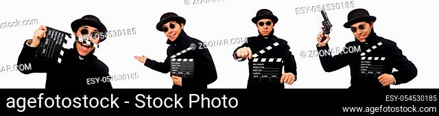 The young man with clapper-board isolated on white