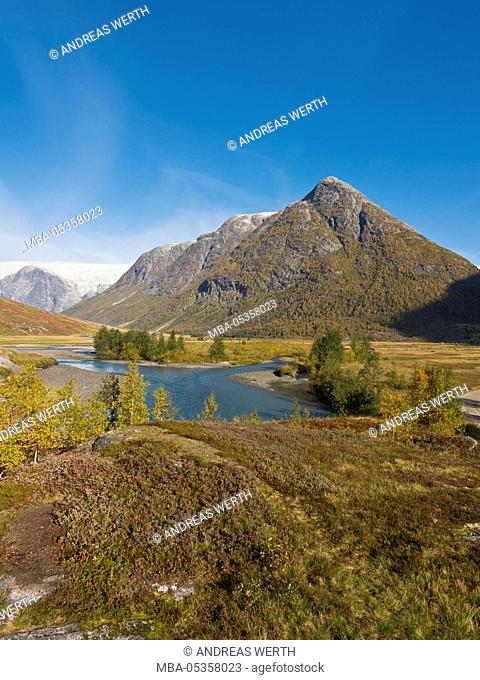Austerdalen, valley shaped from glacier Austerdalsbre, tongue of Jostedalsbre, autum, birch trees, indian summer, valley Austerdalen, Sogn of Fjordane, Norway