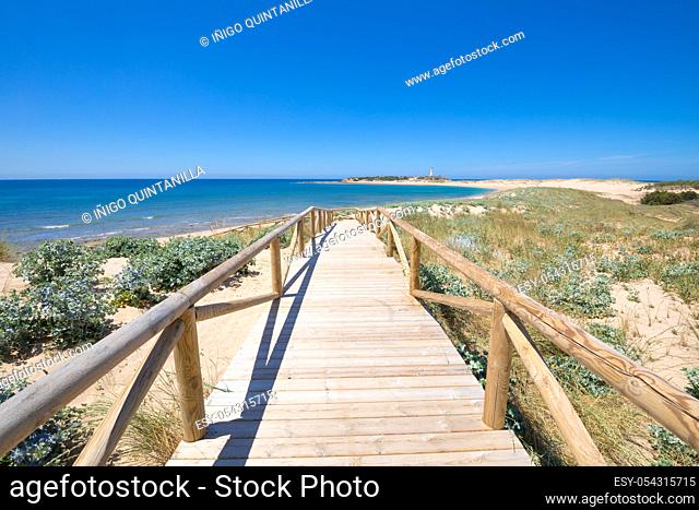 footbridge with wooden planks and banisters to preserve nature to Varadero Beach, in Natural Park of Trafalgar Cape, next to Canos Meca village (Barbate, Cadiz