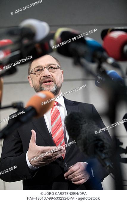 Leader of the Social Democrats (SPD), Martin Schulz, delivers a statement to the press prior to the start of exploratory talks between the SPD and the...