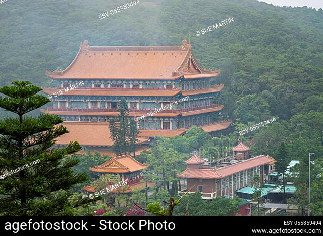 View of Po Lin Monastery in the mist in Ngong Ping Village on Lantau Island, Hong Kong