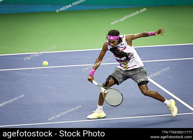 Mikael Ymer of Sweden in action against Stefanos Tsitsipas of Greece during their quarterfinal tennis match at the Stockholm Open tennis tournament in Stockholm