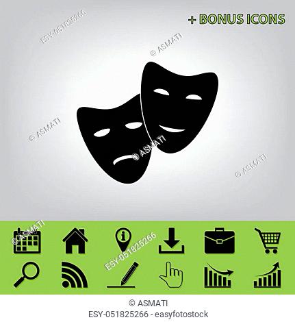 Theater icon with happy and sad masks. Vector. Black icon at gray background with bonus icons at celery ones
