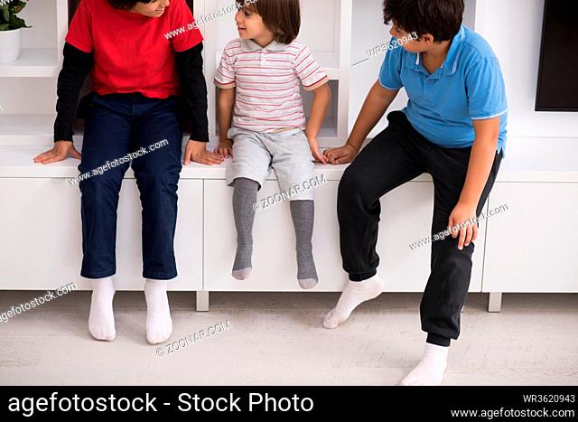 happy young boys are having fun while posing on a shelf in a new modern home