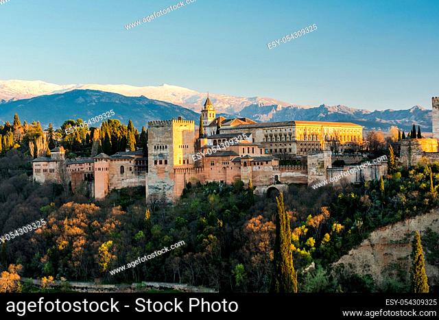 Alhambra palace in Granada, Spain with Sierra NEvada mountains in back