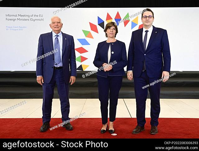 (L-R) European Union foreign policy chief Josep Borrell, French Foreign Minister Catherine Colonna and Czech Foreign Minister Jan Lipavsky during arrivals for a...