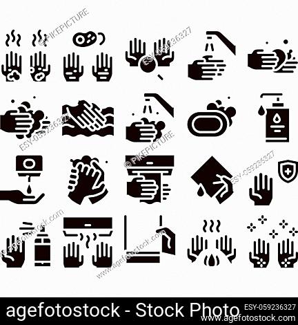 Hand Healthy Hygiene Glyph Set Vector Thin Line. Hand Protection, Washing With Anti Bacterial Soap And Foam, Paper Glyph Pictograms Black Illustrations
