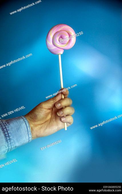Colorful lollipop swirl on stick. Striped spiral multicolored pink candy on blue background, holding in hand sweet hard candy