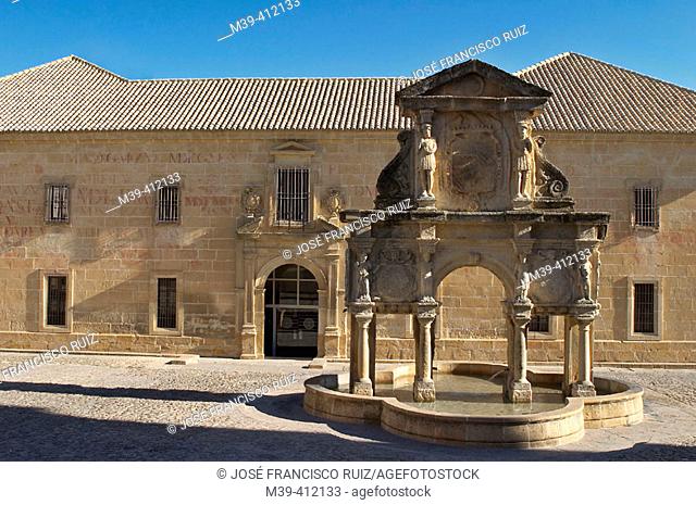 Seminario de San Felipe Neri and fountain at Santa María's square (16th century), Baeza. Jaén province, Andalusia. Spain