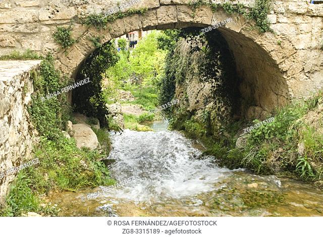 Molinar River and ancient stony bridge, Tobera, Las Merindades, province of Burgos, Castilla y Leon, Spain