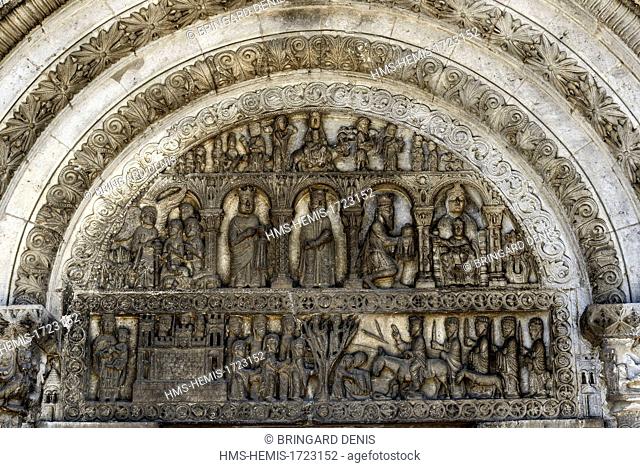France, Vosges, Pompierre, Saint Martin church dated 11th and 19th centuries, Romanesque portal