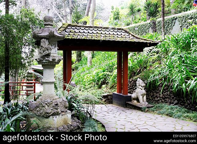 Monte Tropical Gardens with red Japanese style pavilions, Funchal, Madeira island, Portugal