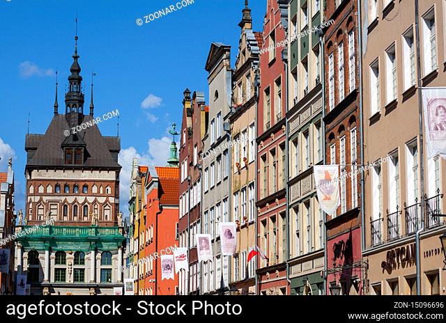 Old historic tenement houses at Long Street ended up with Golden Gate and Prison Tower, Gdansk Old Town, Poland
