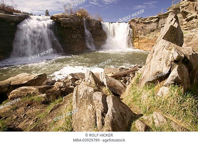 Canada, Alberta, Lundbreck Falls, North America, sight, nature, river, water, cascades, rocks, rockfaces, outside, deserted