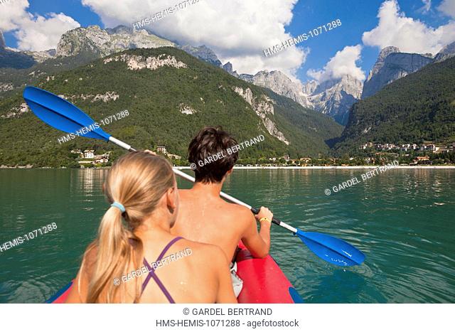 Italy, Trentino Alto Adige, Dolomites, Brenta group, Molveno lake, canoe