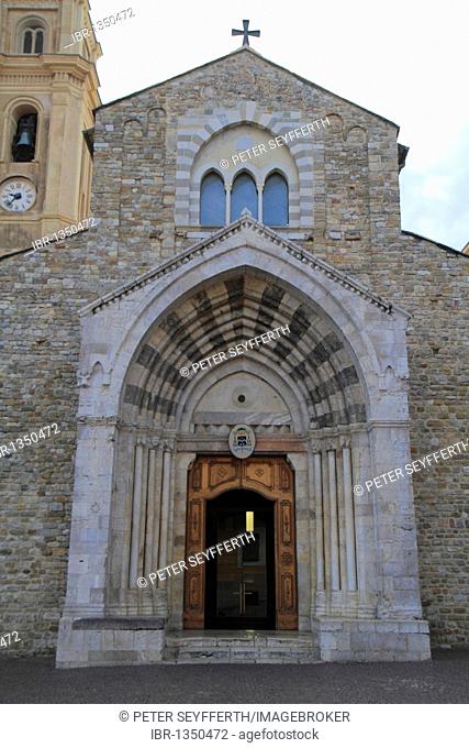 Gothic main portal of the otherwise Romanesque Cathedral of Santa Maria Assunta, Romanesque, 11th to 12th Century, Ventimiglia, province of Imperia
