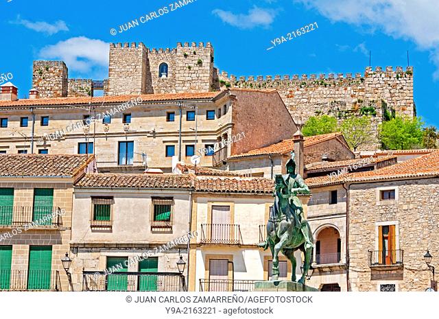 Castle, palaces and Francisco Pizarro, Peru conqueror Memorial at Trujillo, Caceres, Extremadura, Spain