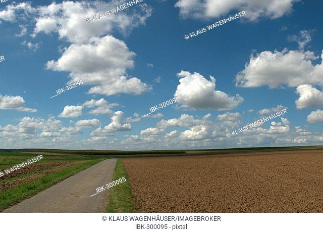 Summer sky with clouds above fields, Hassberge, Lower Franconia, Bavaria, Germany