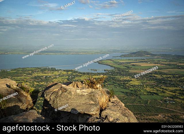 the view from the Khao Phraya Doen Thong Viewpoint with the Pasak Jolasid Dam near the City of Lopburi in the Province of Lopburi in Thailand, Thailand, Lopburi