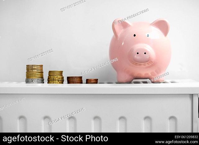 piggy bank with money on radiator at home