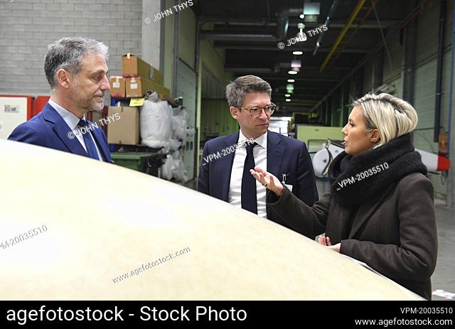 Defence minister Ludivine Dedonder, SABCA CEO Thibauld Jongen and Vice-prime minister and minister of Economy and Work Pierre-Yves Dermagne talk during the...
