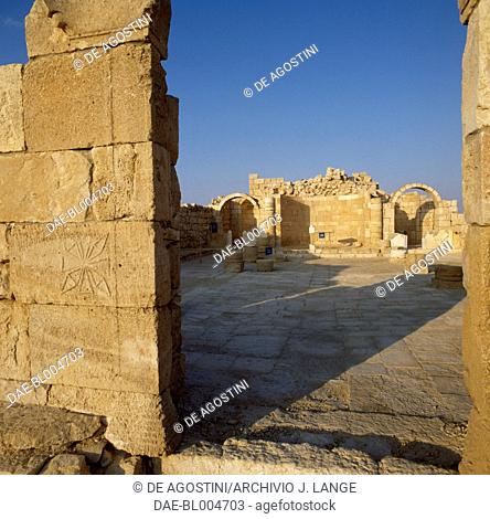 The entrance to the Byzantine church (5th-6th century AD) on the southern slope of the Acropolis, ruins of the ancient Nabataean city of Avdat on the Incense...