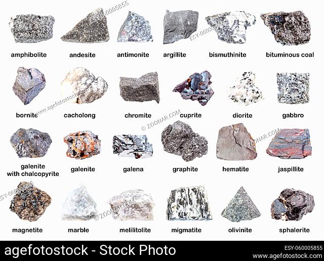 set of various gray unpolished rocks with names (antimonite, chromite, graphite, melilitolite, bornite, galenite, sphalerite, magnetite, hematite, cuprite